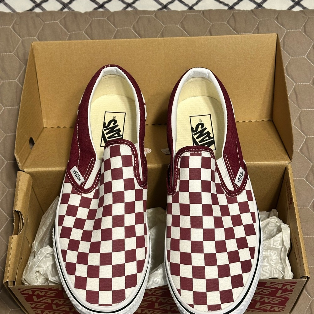 Vans Burgundy and White Checkered Slip-Ons